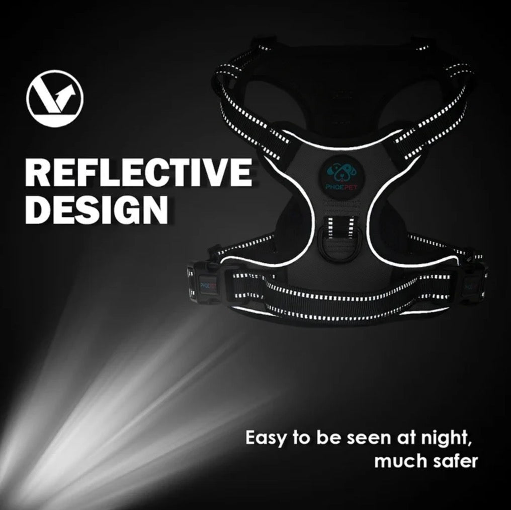 PHOEPET No Pull Dog Harness Medium Reflective Front Clip Vest with Handle, Adjustable 2 Metal Rings 2 Buckles,Grey