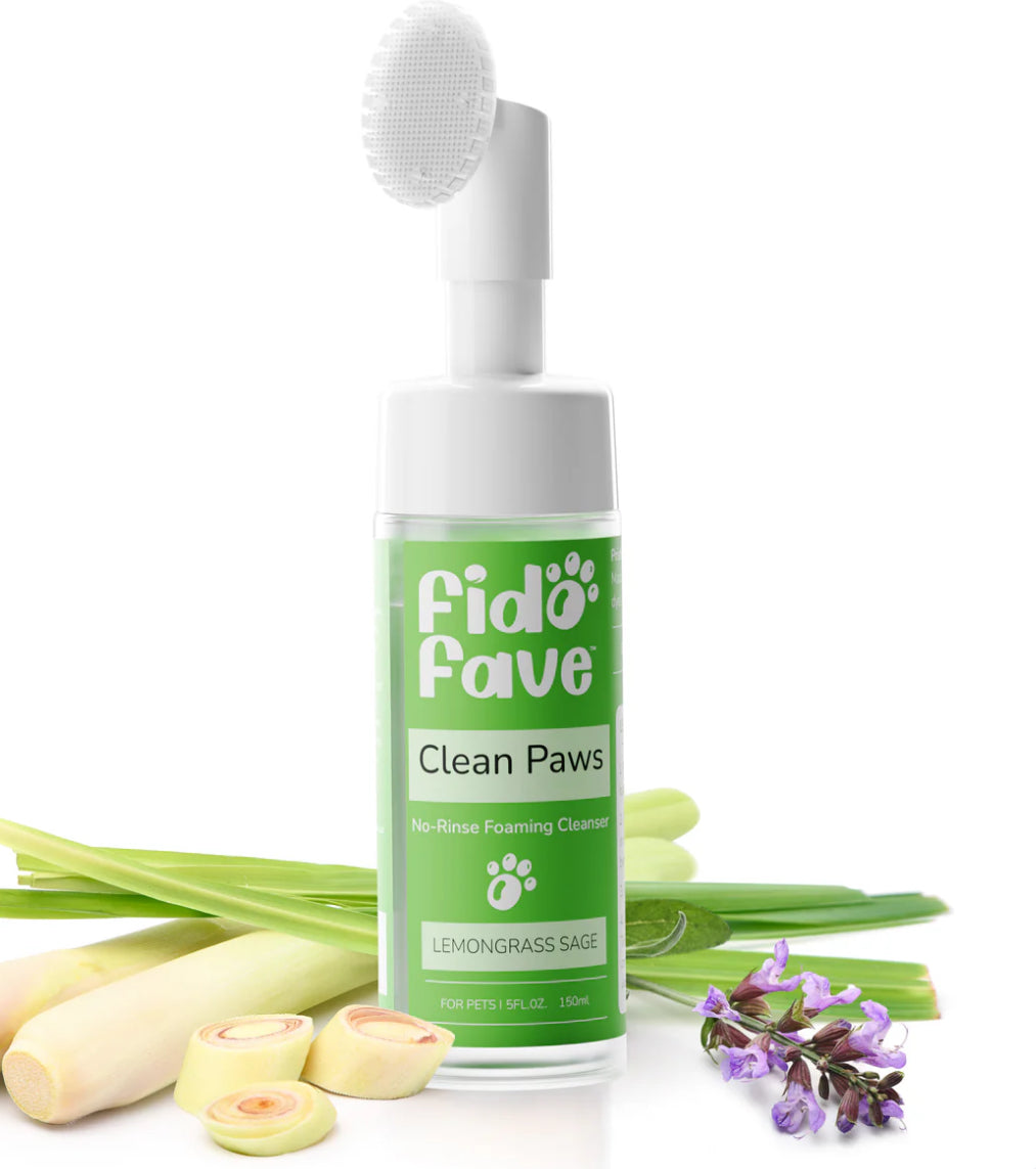 Fido fave Paw Cleaner for Dogs No Rinse Foaming Paw Cleanser with Silicone Brush for Dogs and Cats, Dog Brush, Pet Supplies, Dog Paw Cleaner, pH Balanced, Dog Accessories, Lemongrass Sage Scent or fragrance free 5fl oz