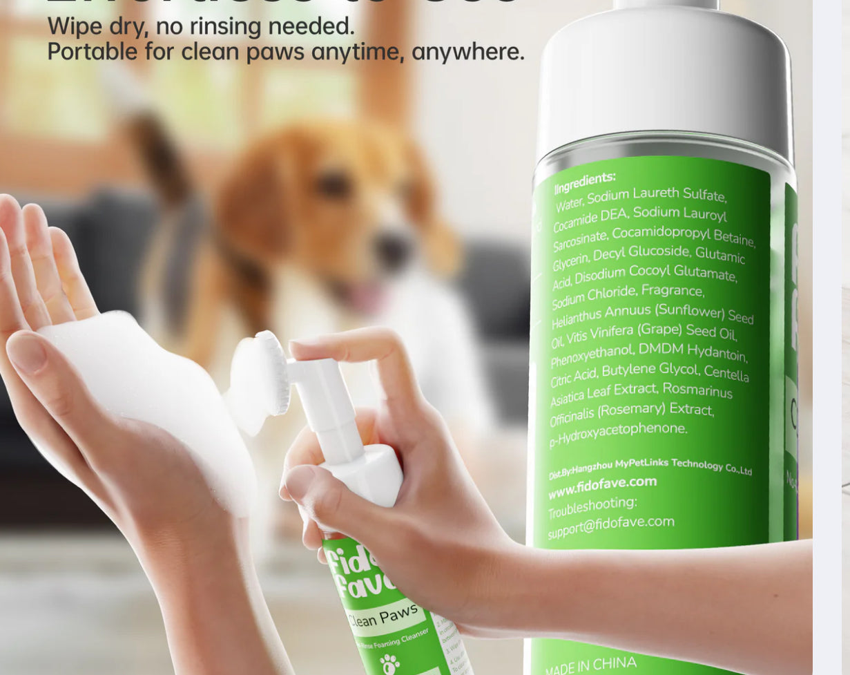 Fido fave Paw Cleaner for Dogs No Rinse Foaming Paw Cleanser with Silicone Brush for Dogs and Cats, Dog Brush, Pet Supplies, Dog Paw Cleaner, pH Balanced, Dog Accessories, Lemongrass Sage Scent or fragrance free 5fl oz