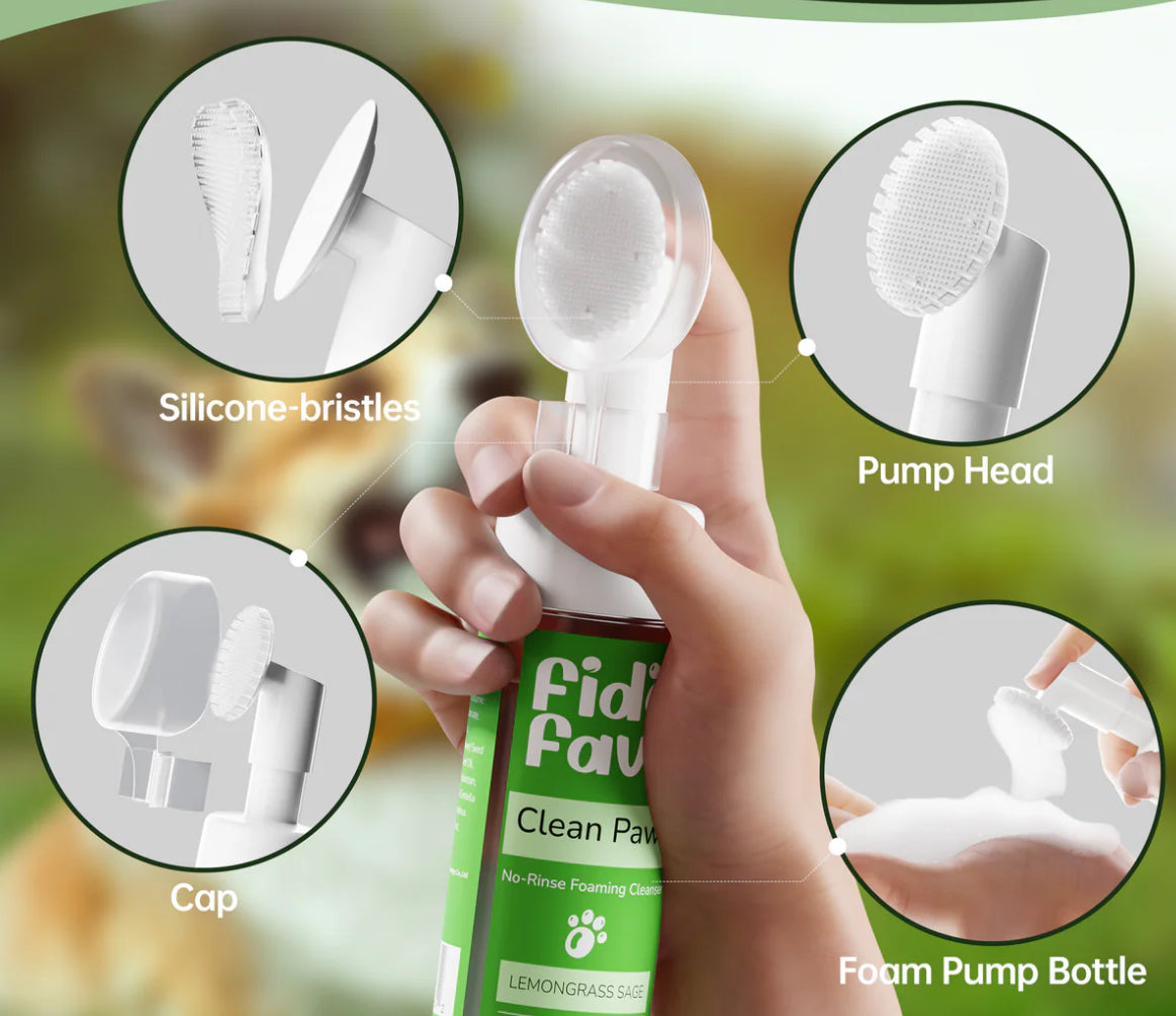 Fido fave Paw Cleaner for Dogs No Rinse Foaming Paw Cleanser with Silicone Brush for Dogs and Cats, Dog Brush, Pet Supplies, Dog Paw Cleaner, pH Balanced, Dog Accessories, Lemongrass Sage Scent or fragrance free 5fl oz