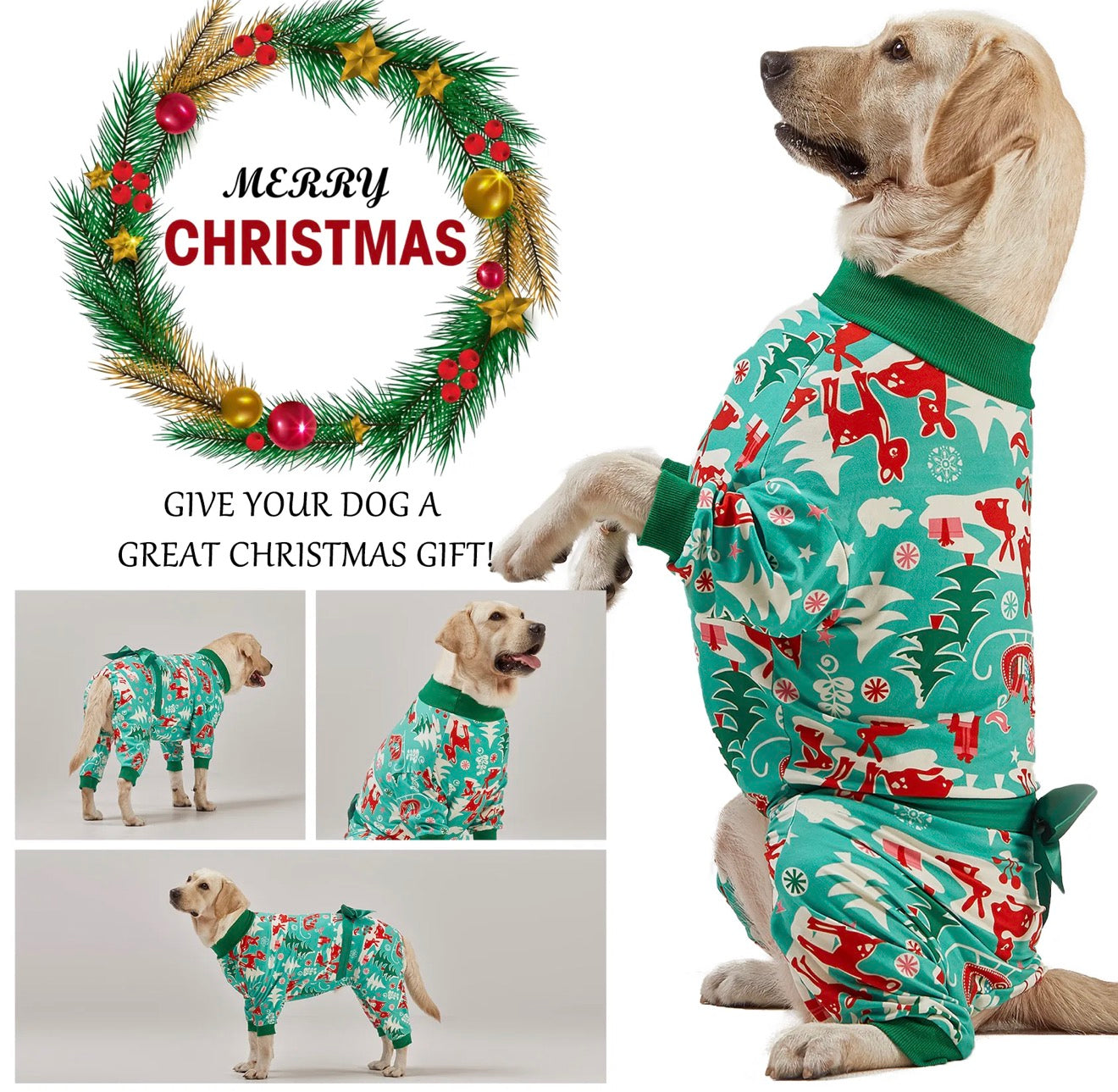 LovinPet Large Dog Pajamas Onesie - Reindeer and Green Christmas Bow Design for Big Breeds