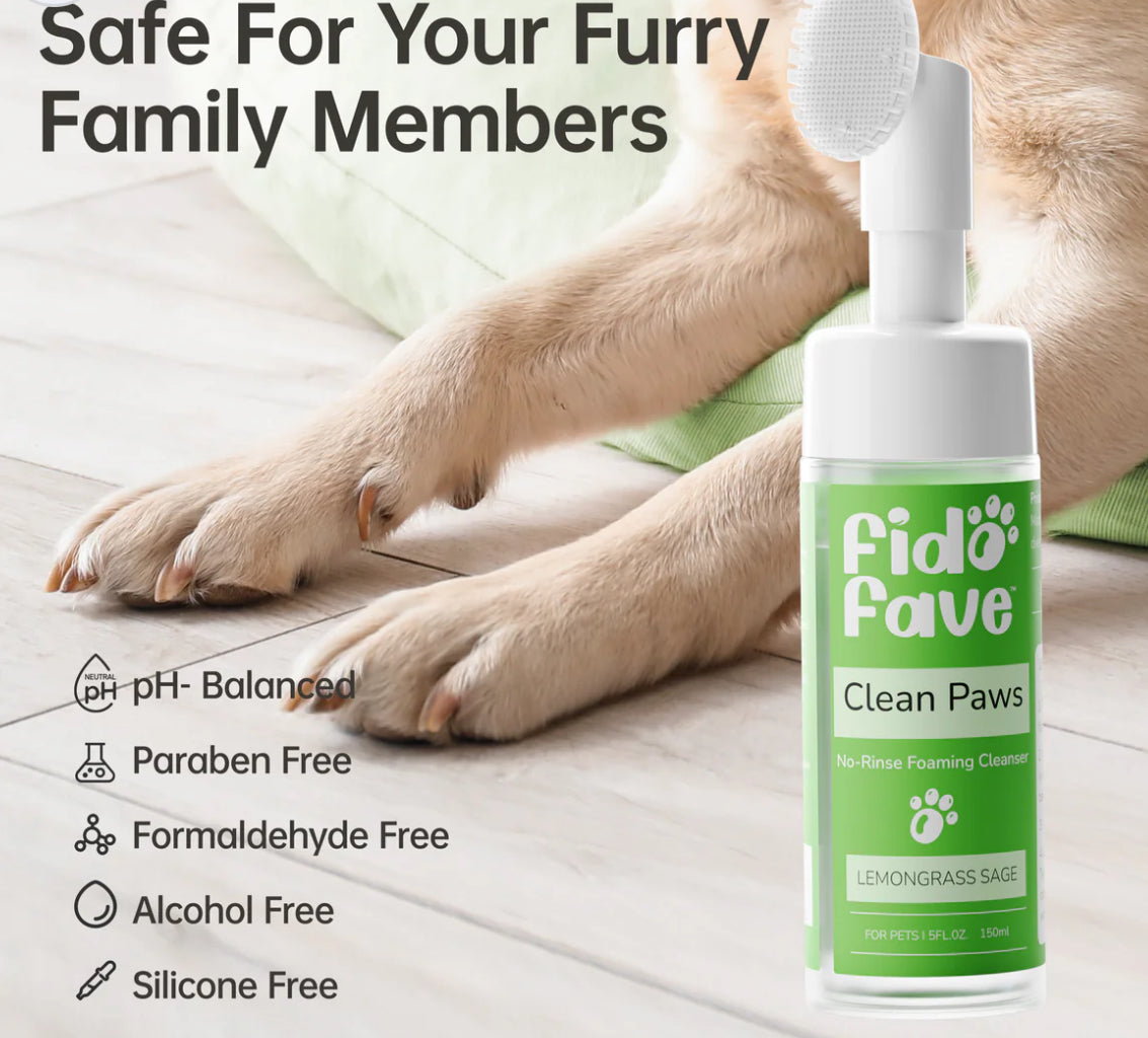 Fido fave Paw Cleaner for Dogs No Rinse Foaming Paw Cleanser with Silicone Brush for Dogs and Cats, Dog Brush, Pet Supplies, Dog Paw Cleaner, pH Balanced, Dog Accessories, Lemongrass Sage Scent or fragrance free 5fl oz