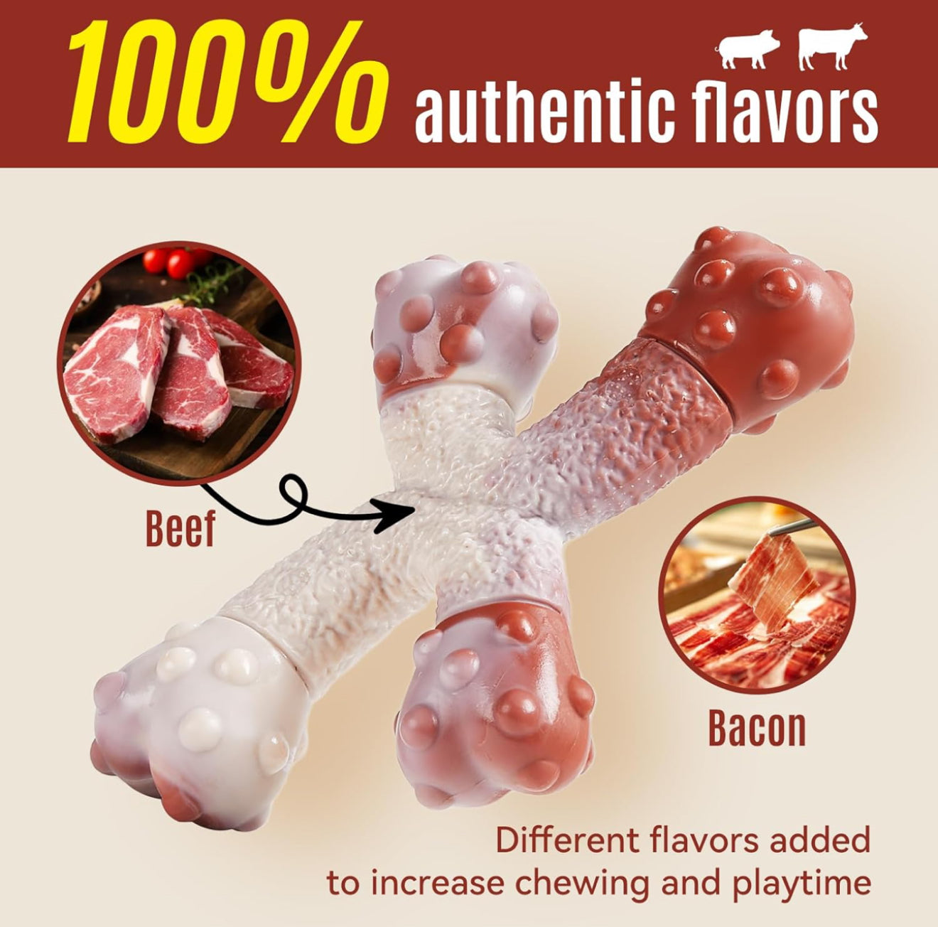 Eastpet Dog Chew Toys for Aggressive Chewers Medium/Large Breed,Bacon Flavor,Tough Bones with Nylon(2 Pack)