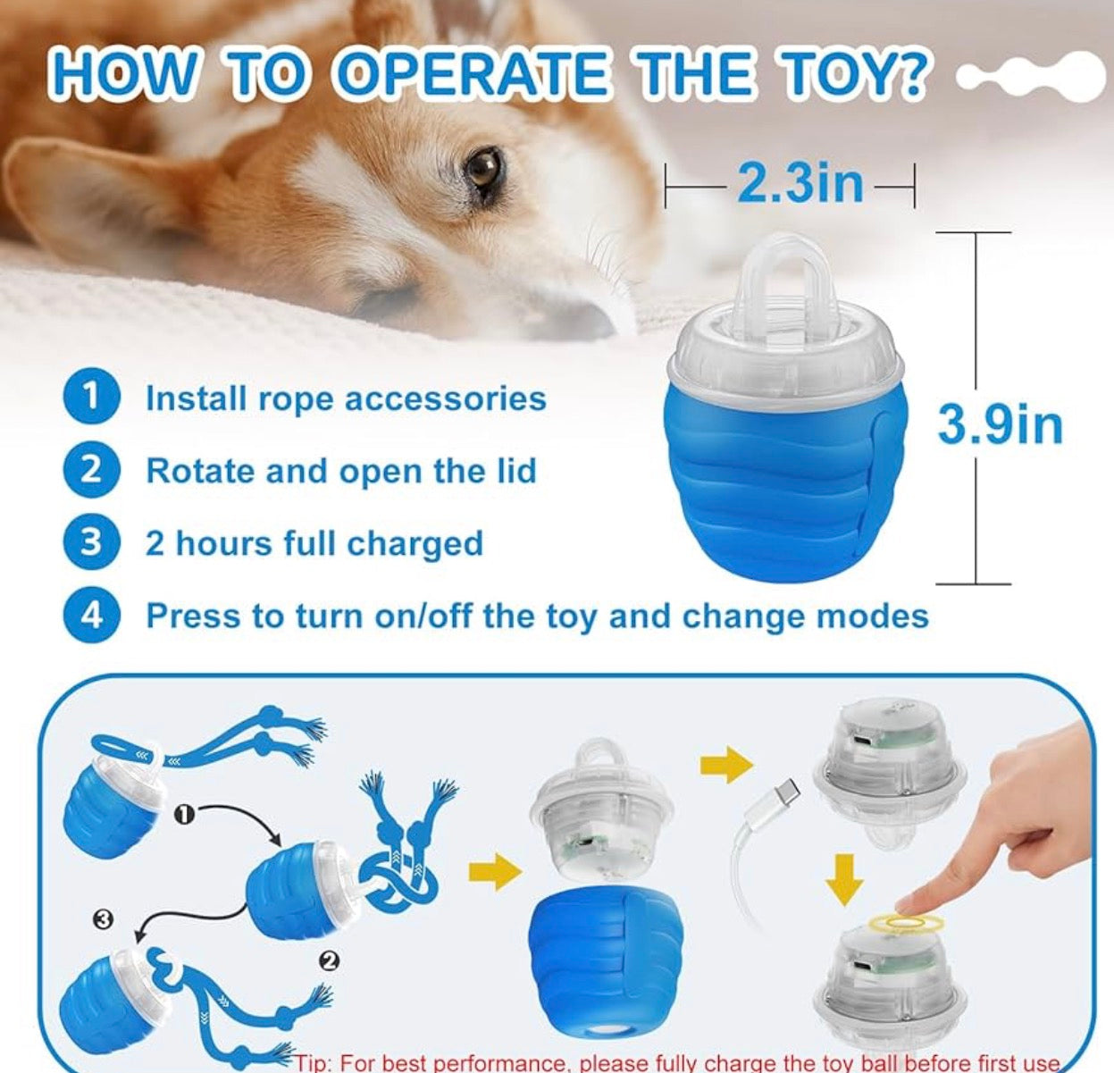 Interactive Dog Toys, Interactive Dog Ball for Medium/Large Dogs, Automatic Moving Toy for Boredom & Training, USB Rechargeable(Blue)