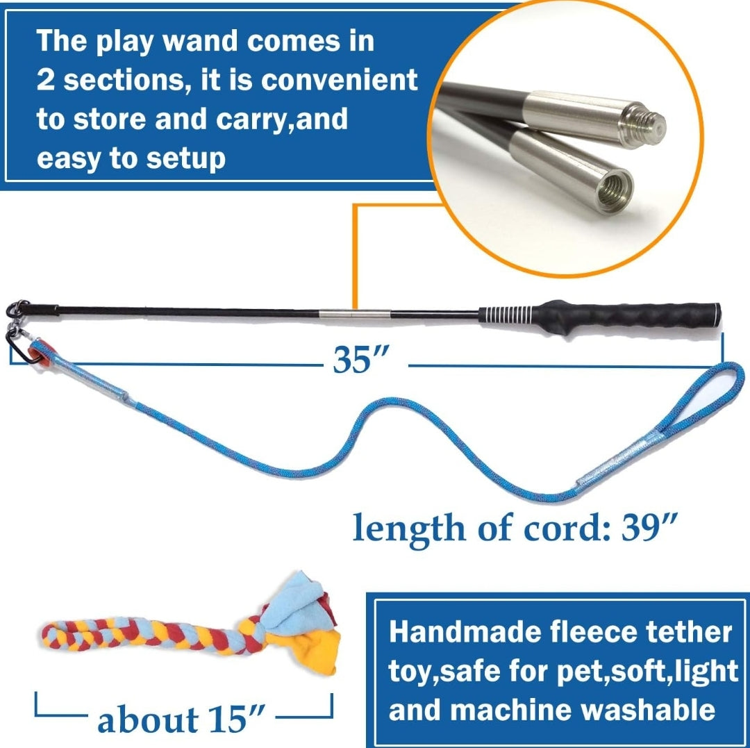 Dewonch Interactive Flirt Pole Toy for Dogs Chase and Tug of War,Durable Teaser Wand with Pet Fleece Rope Tether Lure Toy to Outdoor Exercise & Training for Small Medium Large Dogs (Blue/Red, POLE-35 inches)