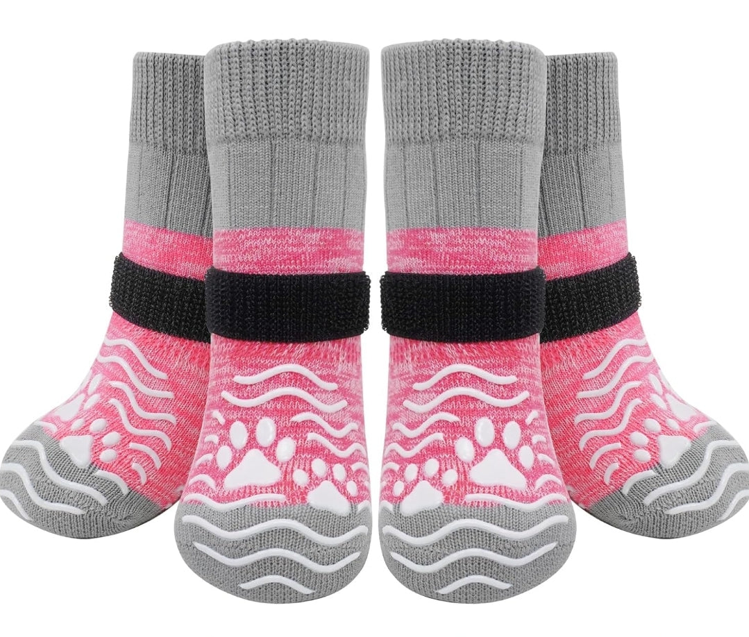 PUPTECK Anti Slip Dog Socks, Shoes with Grippers to Prevent Licking Hardwood Floors Traction, Rubber Boots & Paw Protectors for Medium Dogs Cold/Hot Pavement, Senior Dogs Booties Pink