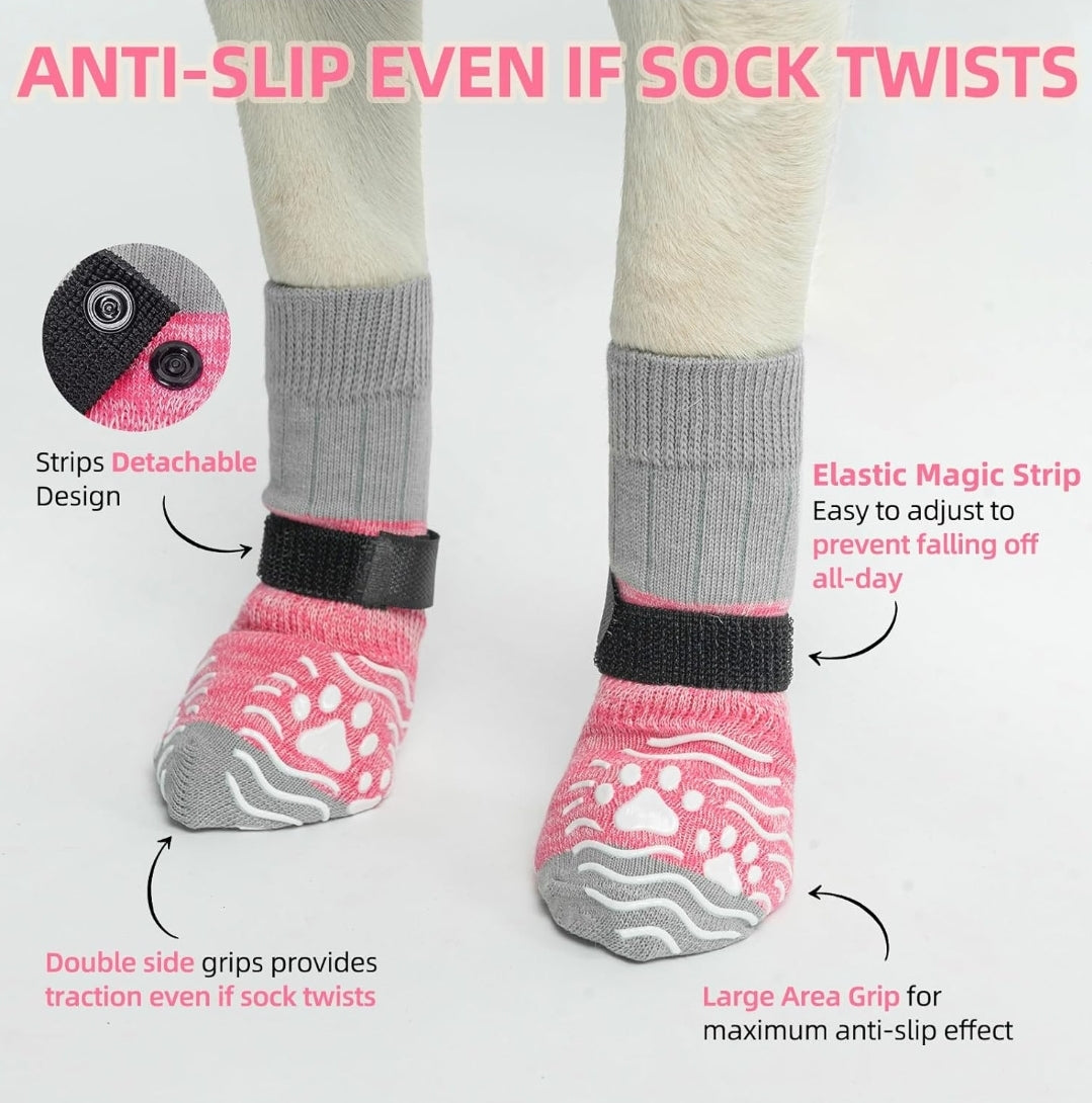 PUPTECK Anti Slip Dog Socks, Shoes with Grippers to Prevent Licking Hardwood Floors Traction, Rubber Boots & Paw Protectors for Medium Dogs Cold/Hot Pavement, Senior Dogs Booties Pink