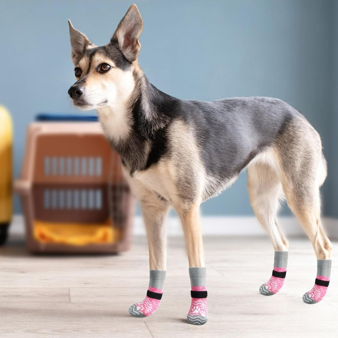 PUPTECK Anti Slip Dog Socks, Shoes with Grippers to Prevent Licking Hardwood Floors Traction, Rubber Boots & Paw Protectors for Medium Dogs Cold/Hot Pavement, Senior Dogs Booties Pink