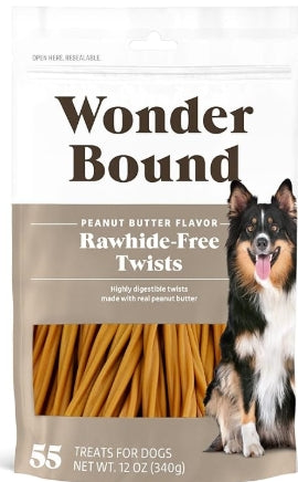 Wonder Bound Peanut Butter Flavor Dog Twist Sticks - 55 Count - Rawhide-Free Dog Treats, Dental Health Chews for Plaque & Tartar Control, Easy to Digest, Long-Lasting