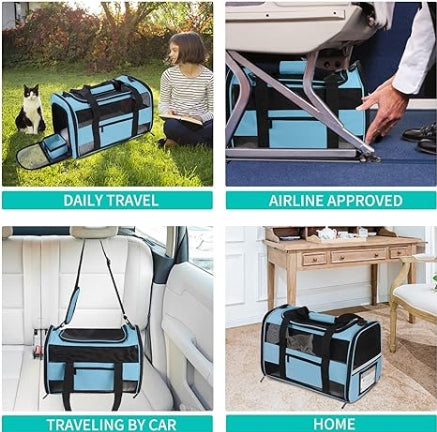 Airline Approved Pet Carrier for Cats & Dogs, Expandable Collapsible Cat Carrier with Breathable Mesh & Safety Leash, Portable Dog Travel Carrier for Hiking/Car/Train Blue