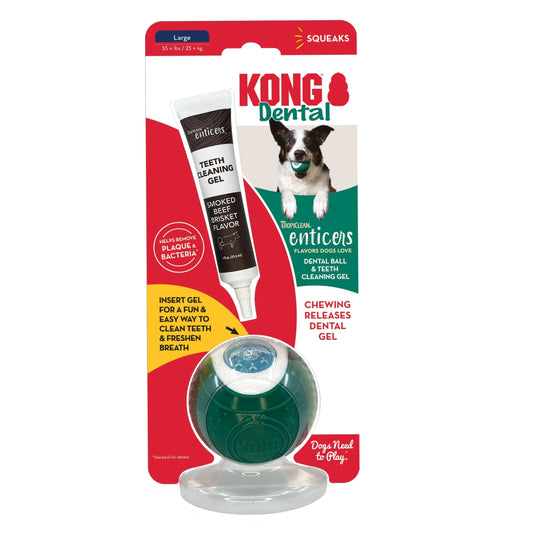 KONG Dental Ball w/Tropiclean Enticer Teeth Cleaning Gel Honey Chicken 1ea, 1 oz For Large Breeds