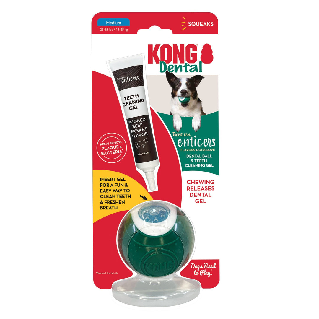 KONG Dental Ball w/Tropiclean Enticer Teeth Cleaning Gel Honey Chicken 1ea/ 1 oz For Medium Dogs