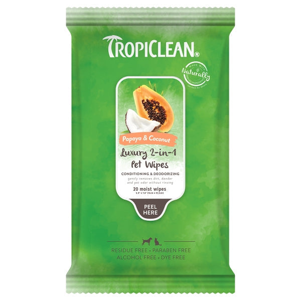 TropiClean Papaya & Coconut Luxury 2-in-1 Pet Wipes 1ea/20 ct