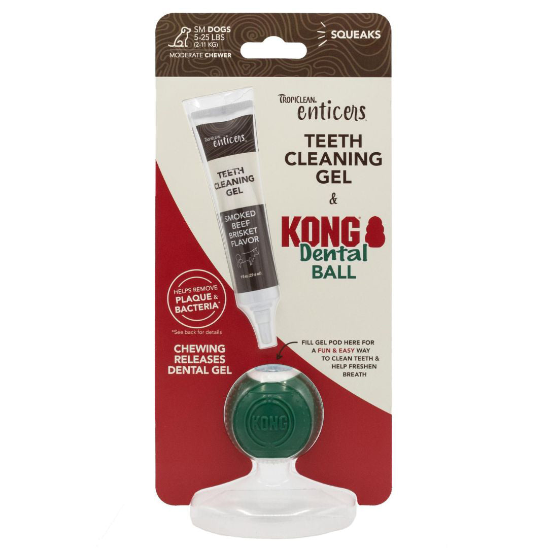 TropiClean Enticers Teeth Cleaning Gel & KONG Dental Ball Beef Brisket 1ea/1 oz, For Small Breeds