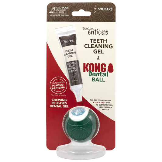 TropiClean Enticers Teeth Cleaning Gel & KONG Dental Ball Beef Brisket 1ea/1 oz, For Medium Breeds