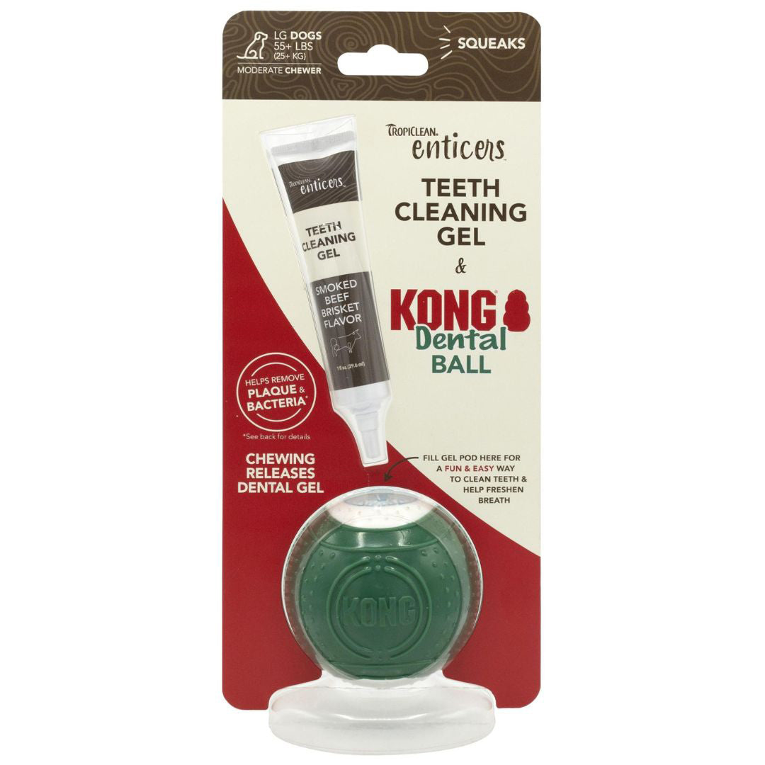 TropiClean Enticers Teeth Cleaning Gel & KONG Dental Ball Beef Brisket 1ea/1 oz, For Large Breeds