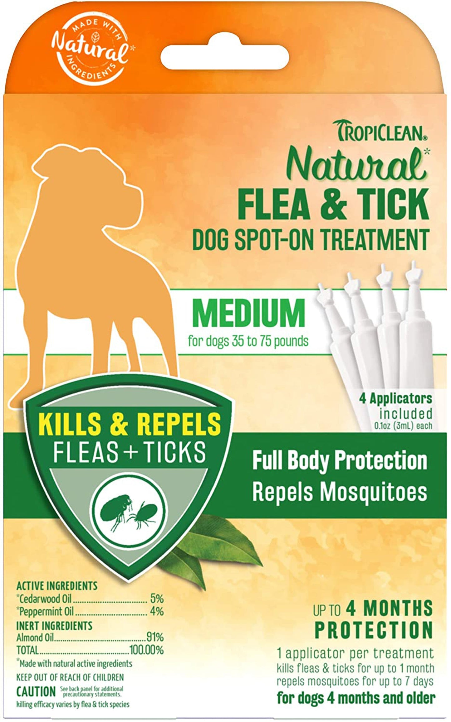 TropiClean Natural Flea & Tick Spot On Treatment for Dogs 1ea/0.4 fl oz, 4 ct For Medium Dogs