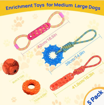 MoeSoce 5 Pack Squeaky Dog Rope Toy & Treat-Dispensing Toys for Medium Large Dogs, Interactive Tug of War Toy for Slow Feeder/Training/Playing