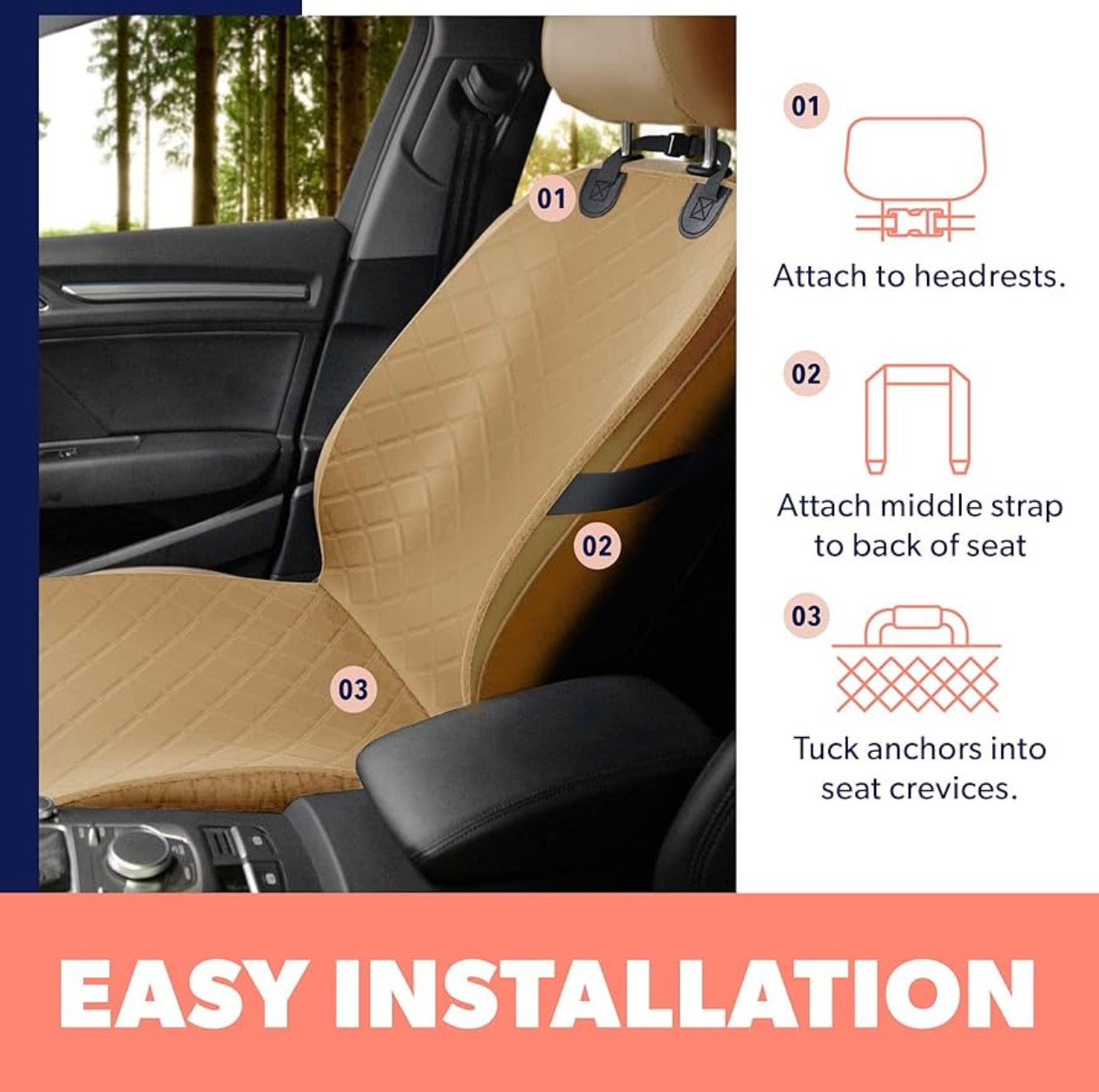 Active Pets Dog Car Seat Cover, Waterproof Front Seat Protector for SUV Truck Sedan, Pet Safety Travel Comfort System with Universal Fit, Beige
