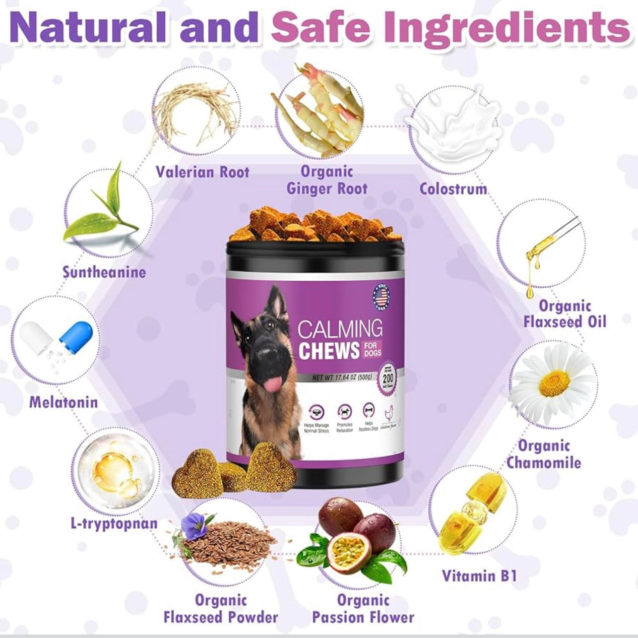 Calming Chews for Dogs 200pc Dog Calming Treat and Bites with Melatonin - Anxiety and Stress Relief Treats for Dogs Puppy Sleep Aid Calm Dog with Noise,Thunder,Barking,Separation,Chewing