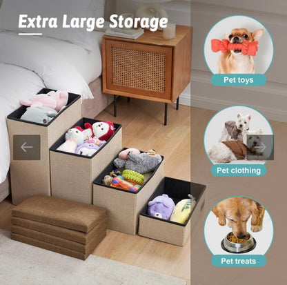 COZY KISS Dog Stairs with Storage, 4 Step Wider Sturdy Dog Steps for Small/Medium/Large Dogs and Older Cats, Folding Doggie Ramp for Bed/Couch/Car Hold Up to 210 lbs (16.7" H, Beige)