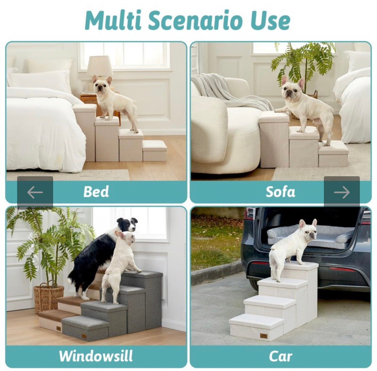 COZY KISS Dog Stairs with Storage, 4 Step Wider Sturdy Dog Steps for Small/Medium/Large Dogs and Older Cats, Folding Doggie Ramp for Bed/Couch/Car Hold Up to 210 lbs (16.7" H, Beige)