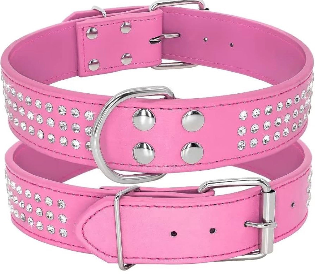 Berry Pet Rhinestones Dog Collars - 2" Width with 3 Rows Full Sparkly Crystal Diamonds Studded PU Leather -Beautiful Bling Pet Appearance for Medium & Large Dogs,17-20",Hot Pink