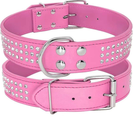 Berry Pet Rhinestones Dog Collars - 2" Width with 3 Rows Full Sparkly Crystal Diamonds Studded PU Leather -Beautiful Bling Pet Appearance for Medium & Large Dogs,17-20",Hot Pink