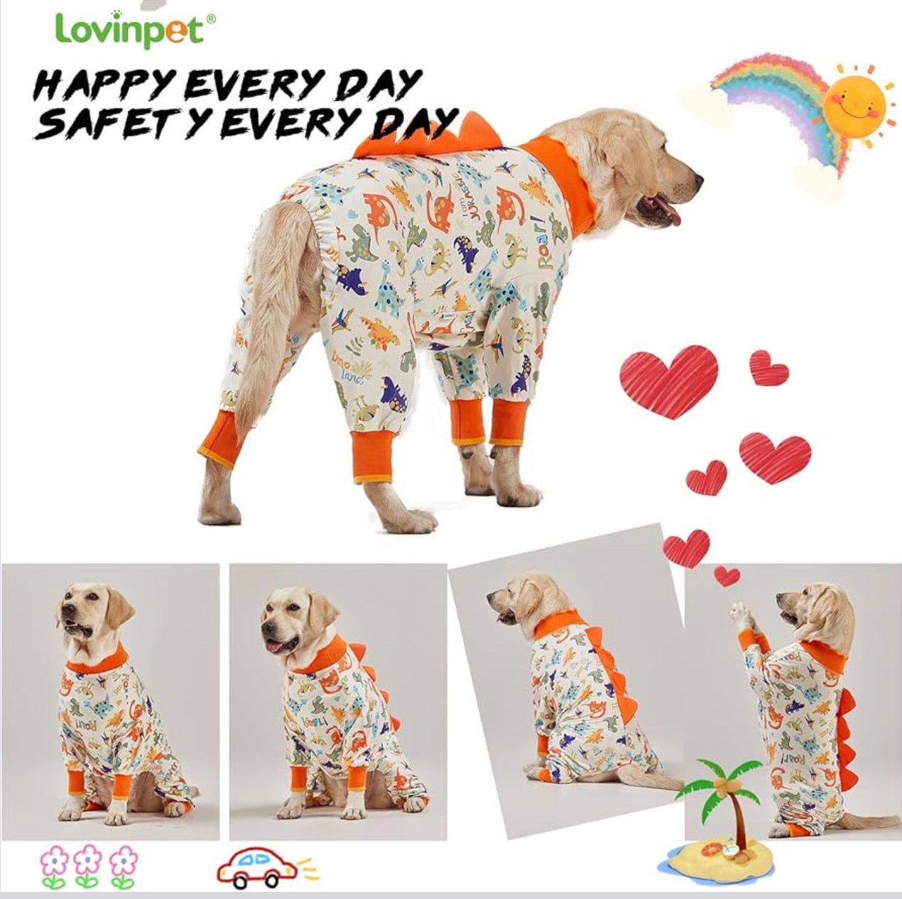 LovinPet Dog Pajamas xtra Large Sized Dog, Recovery Wear, Lightweight Jurassic Knit, UV for Large Dogs/XL