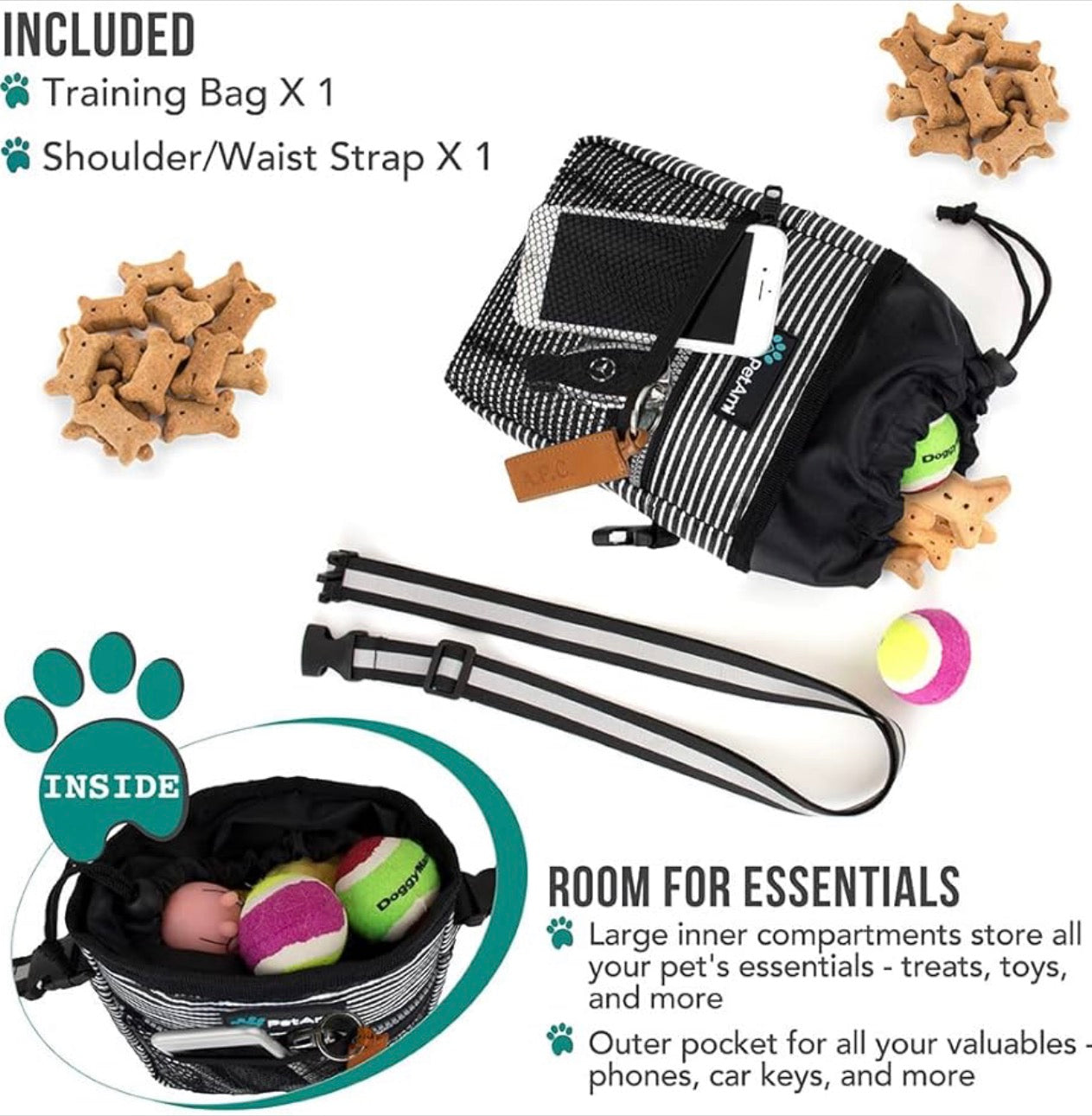 PetAmi Dog Treat Pouch, for Training, Dog Walking , Pet Food,Toys, Dog Trainer Essentials Supplies, Poop Bag Dispenser, 3 Ways to Wear (Black Stripes)