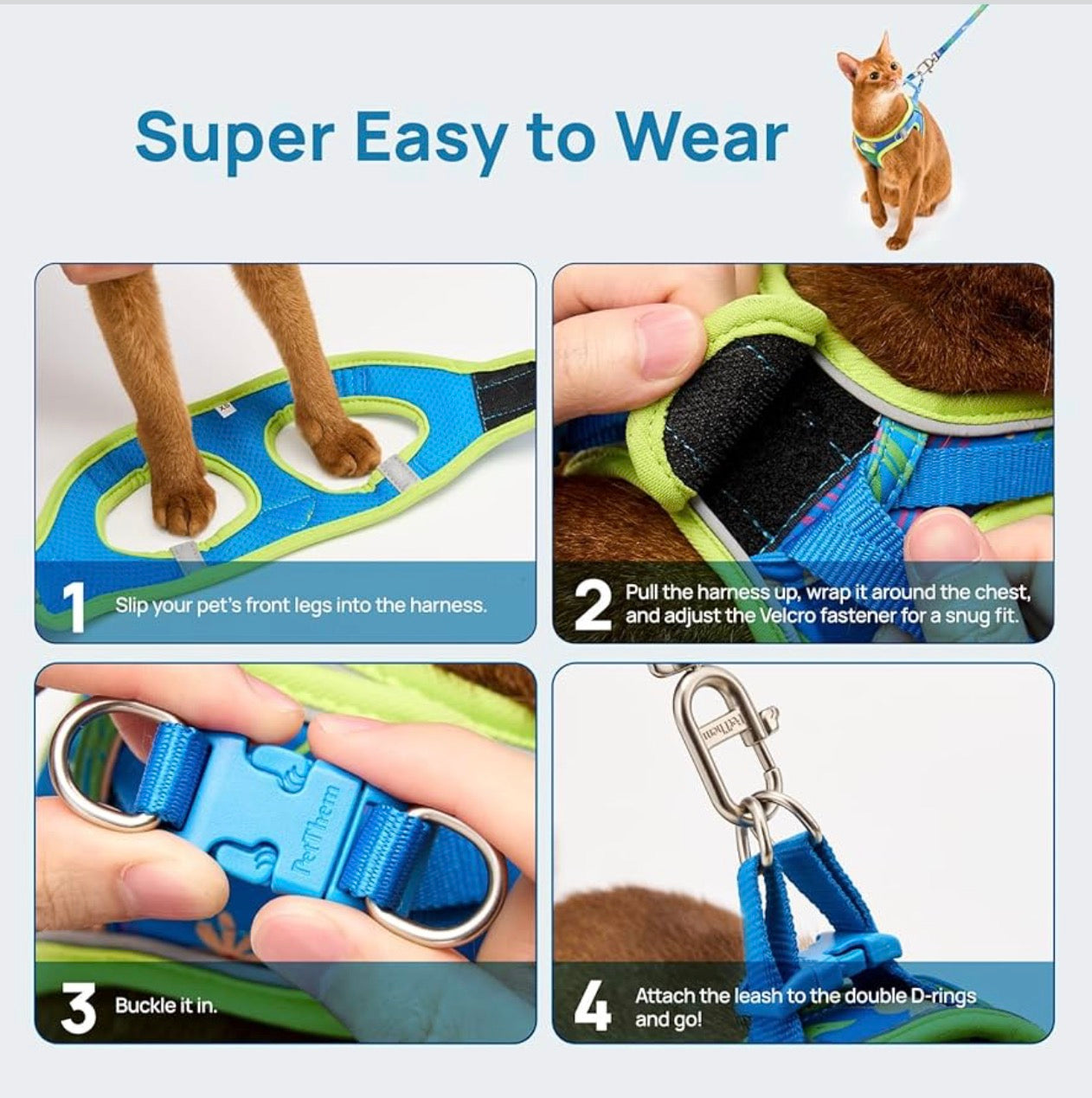 Petthem Cat Harness and Leash Set, Step-in Escape Proof Adjustable Vest Harness for Large Cat, Lightweight Soft Breathable Reflective Kitten Harness for Walking Travel, Camping(Hawaii Green, L)
