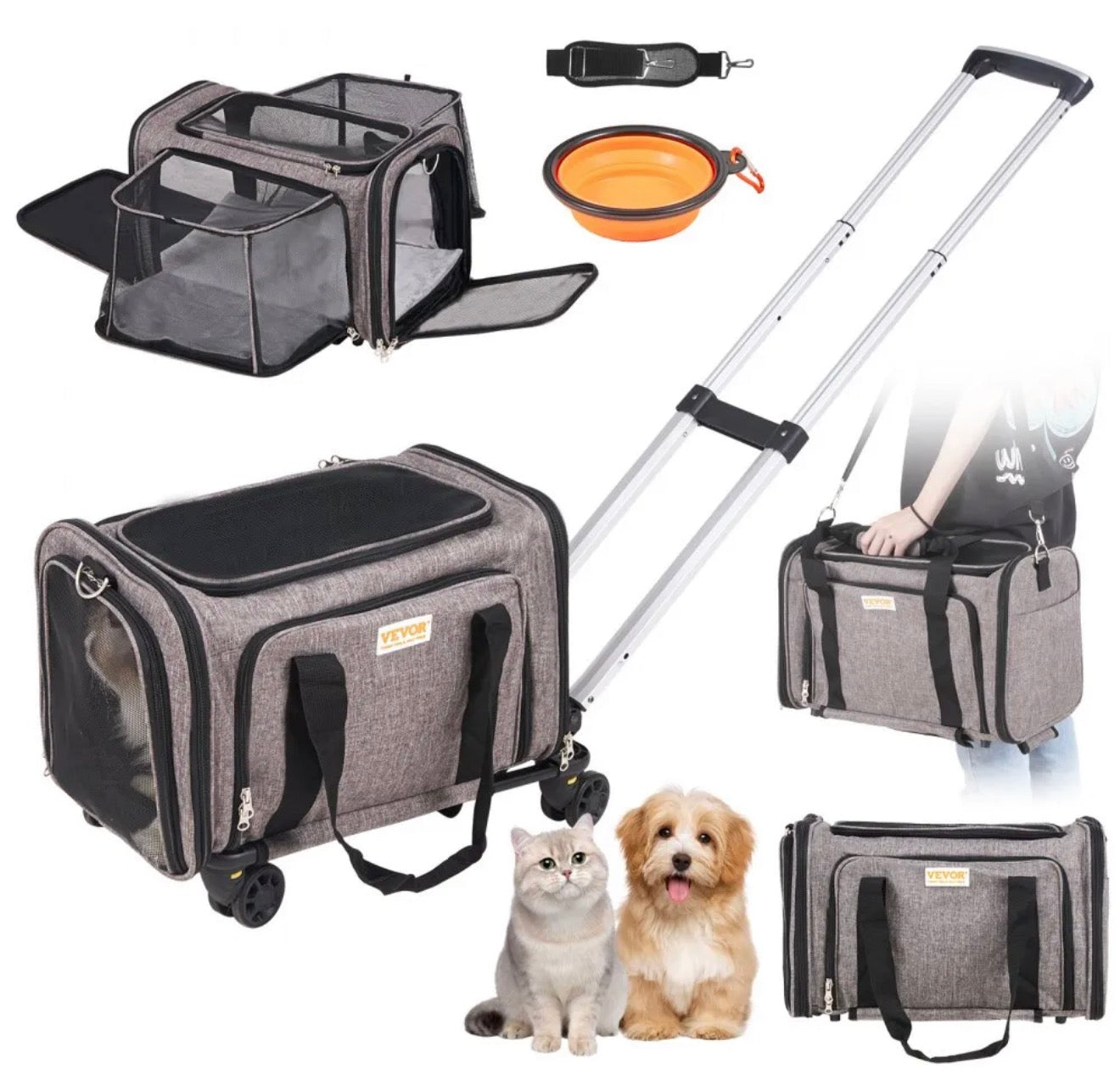 VEVOR Dog Carrier with Wheels, Airline Approved Rolling Pet Carrier with Telescopic Handle and Shoulder Strap, Cat Carrier with Wheels for Pets under 25 lbs, with 1 Folding Bowl, Grey