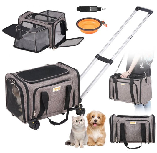 VEVOR Dog Carrier with Wheels, Airline Approved Rolling Pet Carrier with Telescopic Handle and Shoulder Strap, Cat Carrier with Wheels for Pets under 25 lbs, with 1 Folding Bowl, Grey