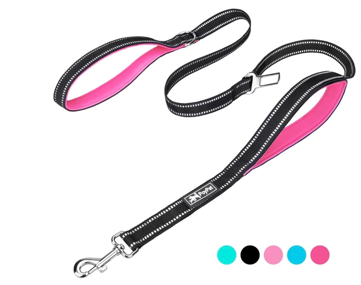 PoyPet Dog Leash 5 Ft with Soft Padded Traffic Handle, Reflective Dog Leashes with Car Seat Belt,Pink