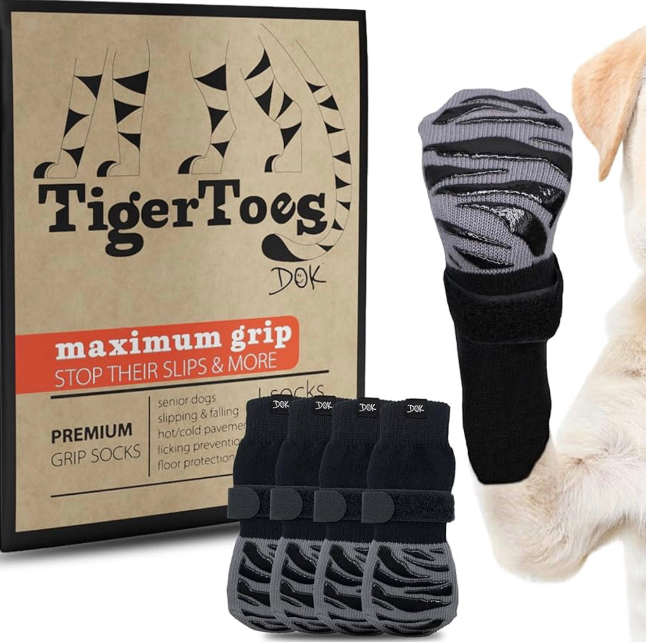 DOK TigerToes Premium Non-Slip Dog Socks for Hardwood Floors - Extra-Thick Grip That Works Even When Twisted - Prevents Licking, Slipping, and Great for Dog Paw Protection (X-Large)