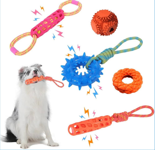 MoeSoce 5 Pack Squeaky Dog Rope Toy & Treat-Dispensing Toys for Medium Large Dogs, Interactive Tug of War Toy for Slow Feeder/Training/Playing