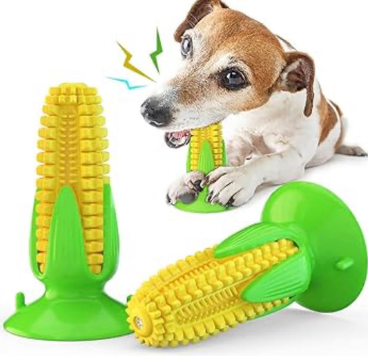 Guardians Dog Squeaky Chew Toy with Suction cup, Dogs Toothbrush Teeth Cleaning Squeaky Stick for Aggressive Chewers for Small Medium Dogs (Yellow Corn)