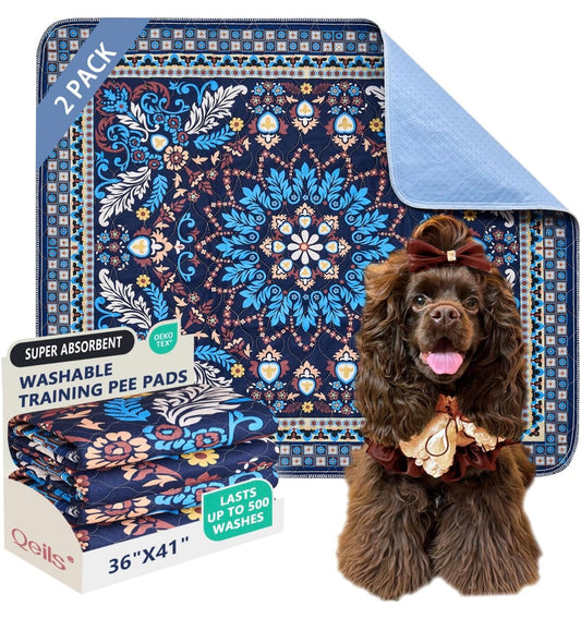 Qeils Washable Pee Pads, Reusable Puppy Pads Super Absorbent Leakproof Training Pads, Non-Slip Wee Wee Pads for Crate, Floor, Potty Pads Feeding Mat 2 Pack 36"x41"