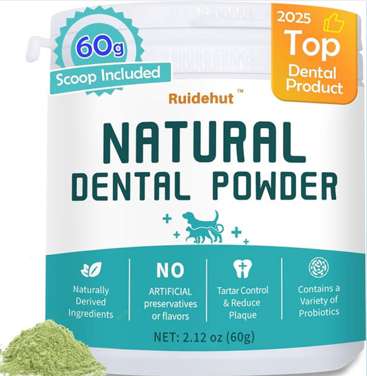 Ruidehut Natural Dog Dental Powder - Teeth Cleaning Powder - Removes Plaque and Tartar - Breath Freshener - Contains Probiotics to Fight Bad Breath (2.12 Oz)