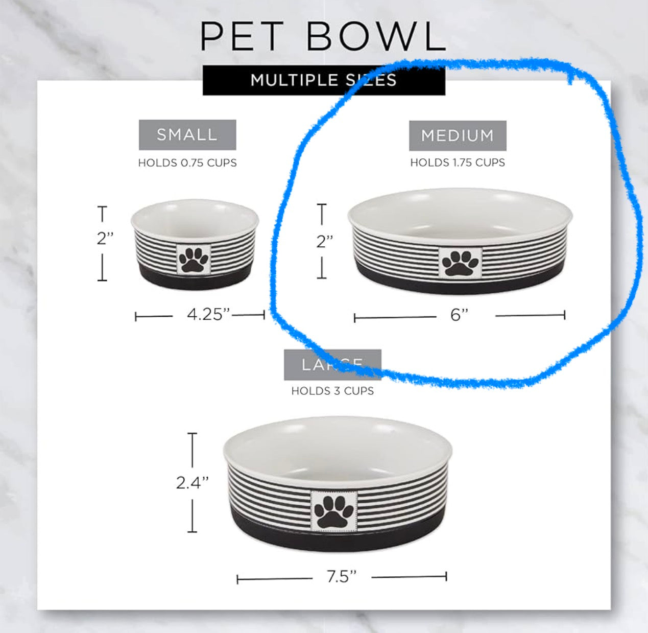 Bone Dry Paw & Patch Ceramic Pet Collection, Medium Set, 6x2", Gray, 2 Piece