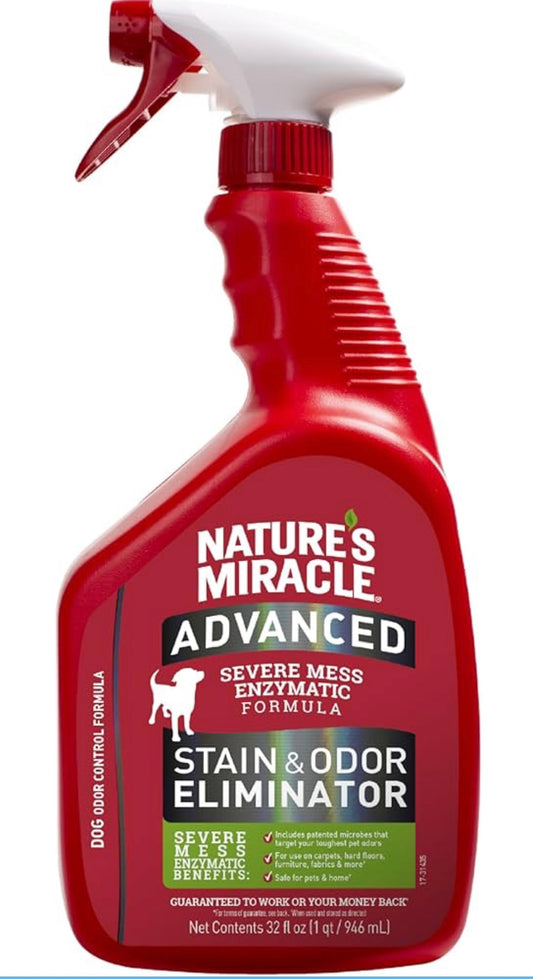 Nature’s Miracle Advanced Stain and Odor Eliminator Dog Spray, Fresh Scent, Severe Mess Enzymatic Formula for Tough Pet Messes, 32 Ounces