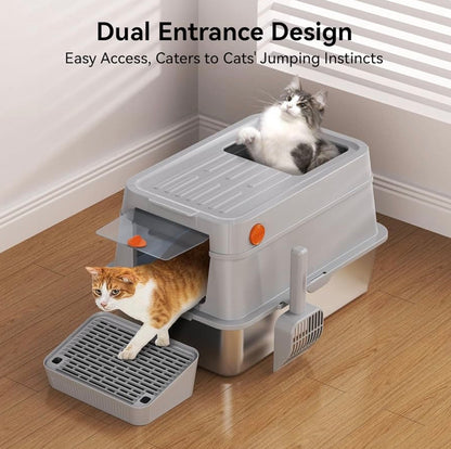 XL Stainless Steel Cat Litter Box with Easy-Open Lid, Enclosed Metal Litter Box for Big Cats, Front Entry & Top Exit, High Sided, Anti-Leak, Non-Stick, Easy to Clean, Includes Scoop