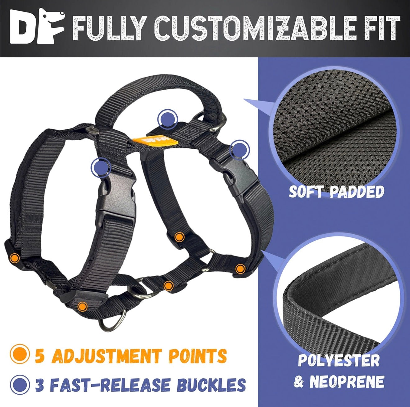 DF pet MARTINGALE HARNESS & DOUBLE-ENDED LEASH WALK KIT - BLACK (Size Large)