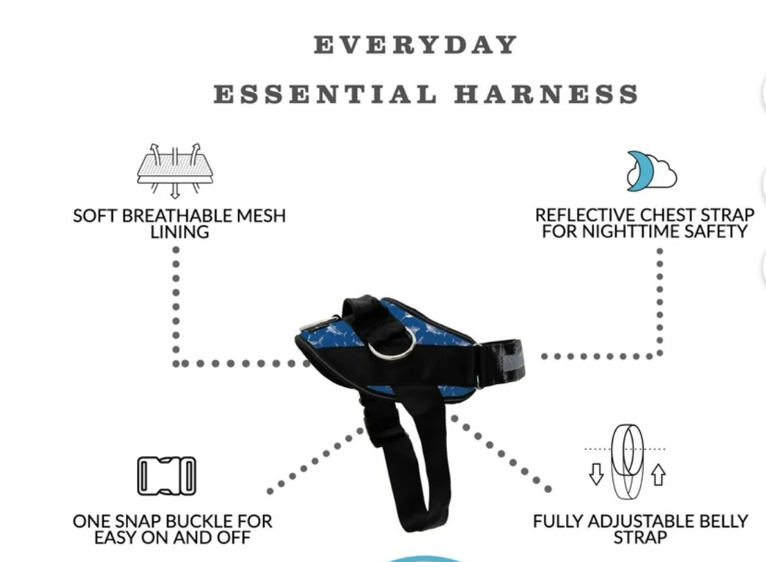 Shawn Co Essential Dog Harness, (size Small) No-Pull Pet Vest with 3 Leash Clips, No Choke, Reflective, Adjustable and Padded, for Easy Walking and Training for Small Dogs (Oceanic Blue with sharks)
