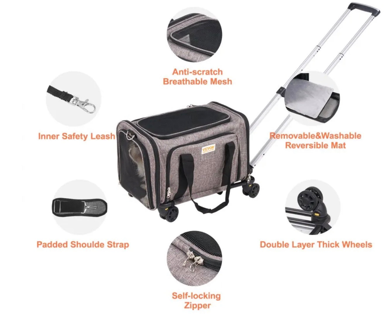 VEVOR Dog Carrier with Wheels, Airline Approved Rolling Pet Carrier with Telescopic Handle and Shoulder Strap, Cat Carrier with Wheels for Pets under 25 lbs, with 1 Folding Bowl, Grey