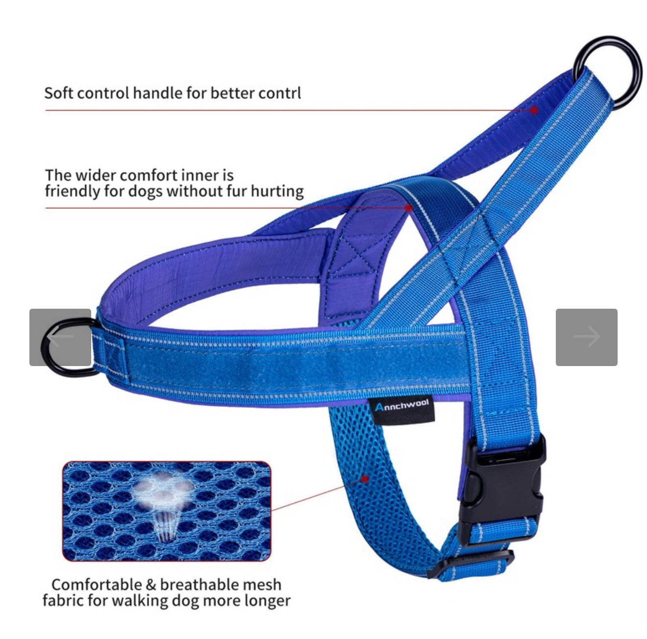 Annchwool No Pull Dog Harness with Soft Padded Handle,Reflective Strip Escape Proof and Quick Fit to Adjust Dog Harness,Easy for Training Walking for xtra large Large Dogs (Blue)