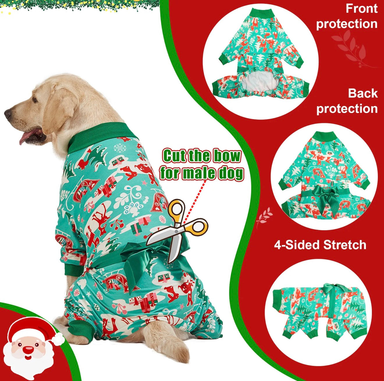 LovinPet Large Dog Pajamas Onesie - Reindeer and Green Christmas Bow Design for Big Breeds