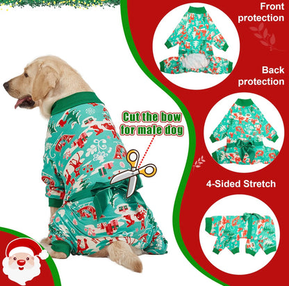 LovinPet Large Dog Pajamas Onesie - Reindeer and Green Christmas Bow Design for Big Breeds