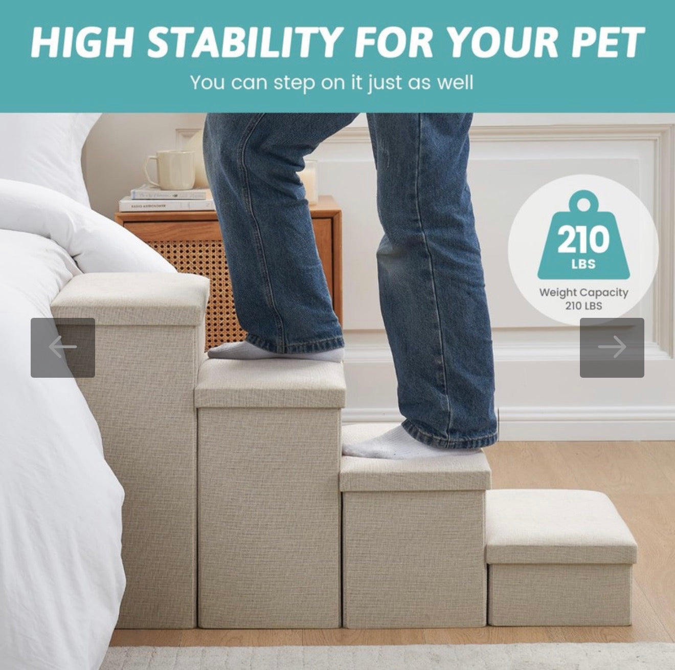 COZY KISS Dog Stairs with Storage, 4 Step Wider Sturdy Dog Steps for Small/Medium/Large Dogs and Older Cats, Folding Doggie Ramp for Bed/Couch/Car Hold Up to 210 lbs (16.7" H, Beige)