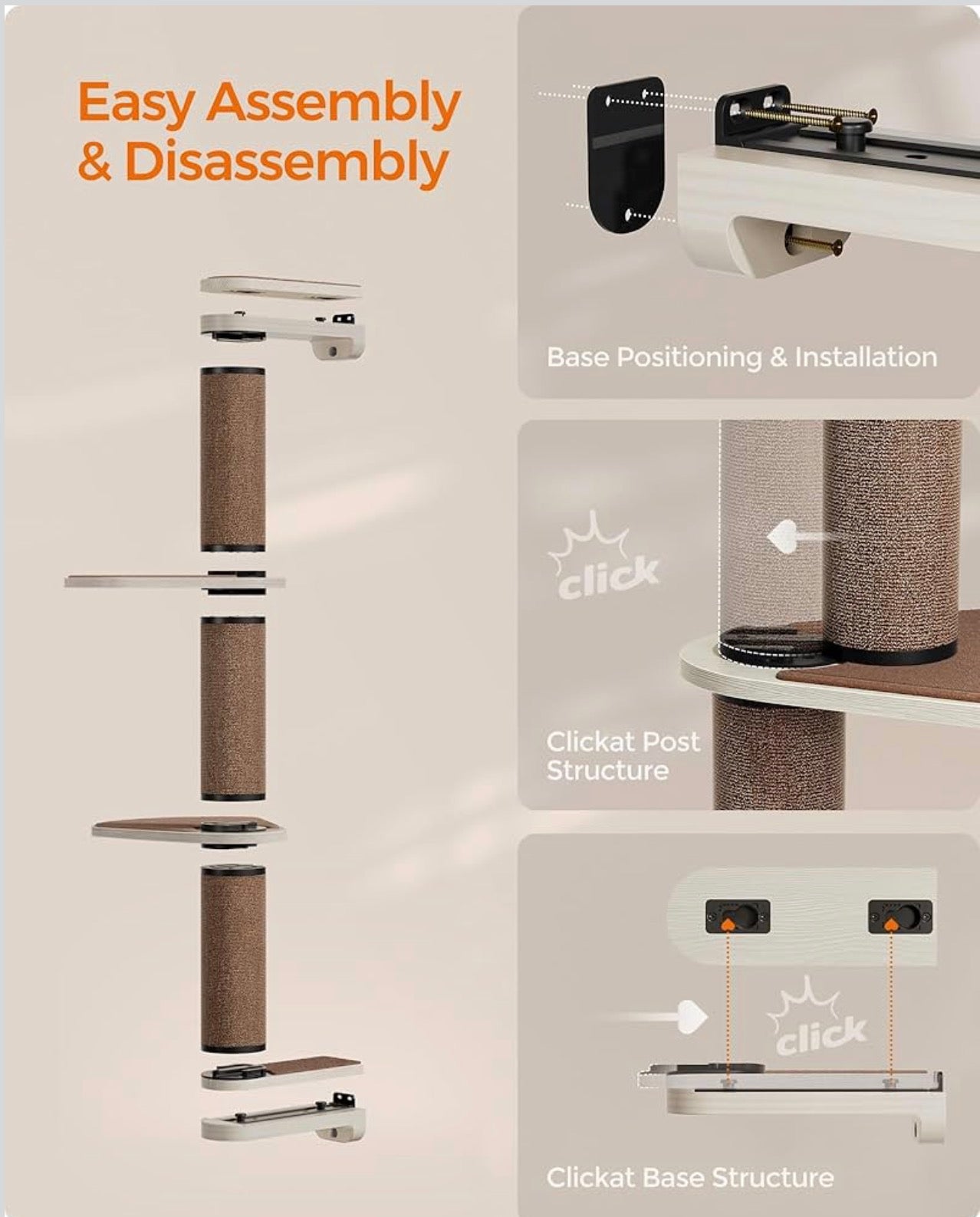 Feandrea Clickat Collection - No.006 Cat Tree Scratching Post, 39.7-Inch Tall Thicker Wall Mounted Cat Scratcher Posts, 2 Cats Perch Platform, Easy Assembly, Suit for Multi Cats Climb Play Nap Scratch